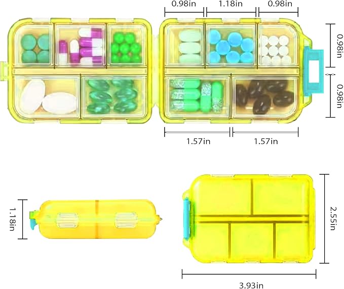 Travel Pill Organizer Portable Pocket Pill Case Small Pill Box for Purse Medicine Organizer Have 10 Compartments Storage Vitamin Fish Oil by INVODA (Yellow)