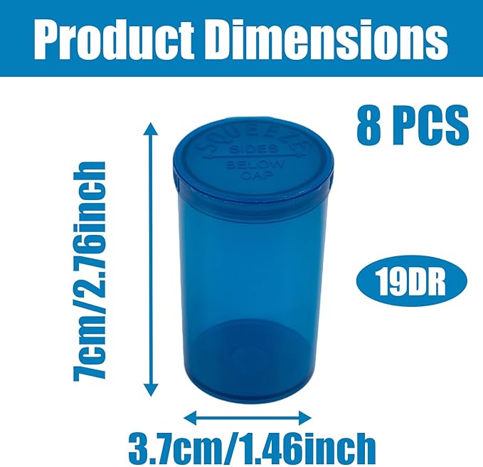 8 Pack 19 Dram Pop Top Bottles,Multi Use Airtight Empty Pill Bottle with Hinged Lids, Plastic Travel Pill Cases Dispenser Organizers for Medicine, Herbs and Suppliments (19)