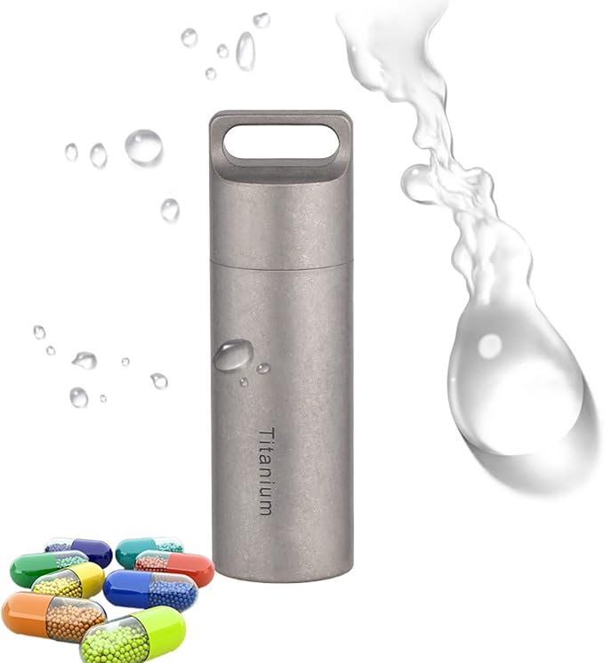Titanium Waterproof Pill Container, Secret Pill Holder Keychain, Portable Daily Travel Pill Fob, Outdoor EDC First Aid Kit Pill Bottle, Metal Pocket Medicine Box Pill Capsule Charming Pendant