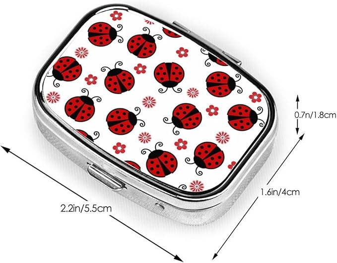 Red Ladybug Flower Pill Box with Mirror 2 Compartment Metal Square Small Pill Case for Purse Pocket Portable Pill Container Holder Travel Medicine Organizer for Vitamin Fish Oil Supplement
