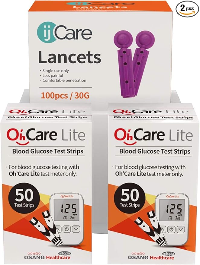 Oh’Care Lite Blood Sugar Testing Monitor – Glucose Test Strips and Lancets for for Blood Testing – Accurate and Affordable Diabetic Supplies (100 Strips + 100 Lancets)
