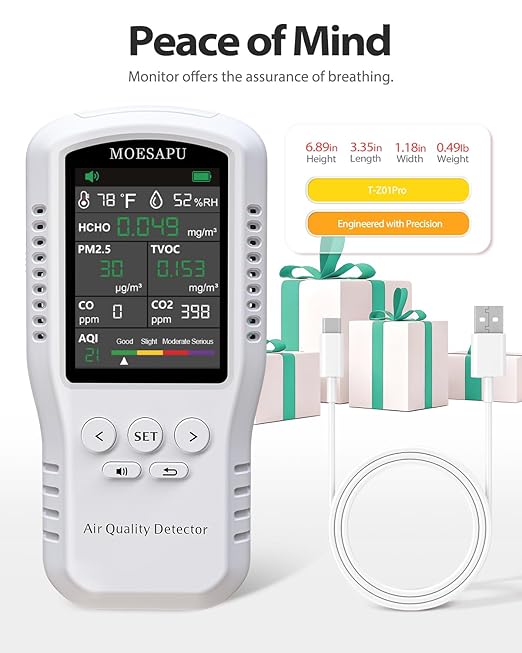 8-in-1 Air Quality Monitor, HCHO TVOC PM2.5 CO CO2 Detector, Formaldehyde Alarm, Particulate Matter Tester, Carbon Monoxide and Dioxide Meter, AQI with Temperature Humidity Reader in Home
