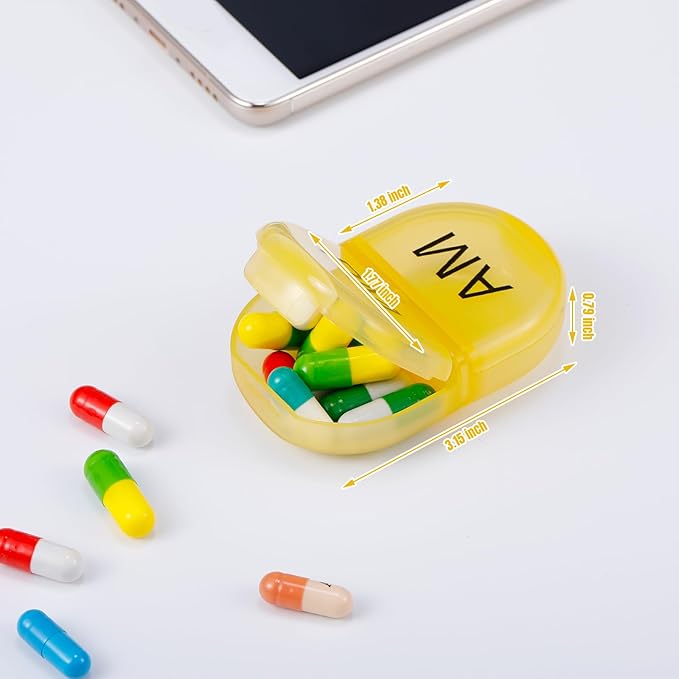 6 Pack Pill Organizer Pocket Small Case Holder Am Pm Pill Case Portable Two Compartment Round Travel 2 Times a Day for Vitamin Medication Supplement(Yellow)