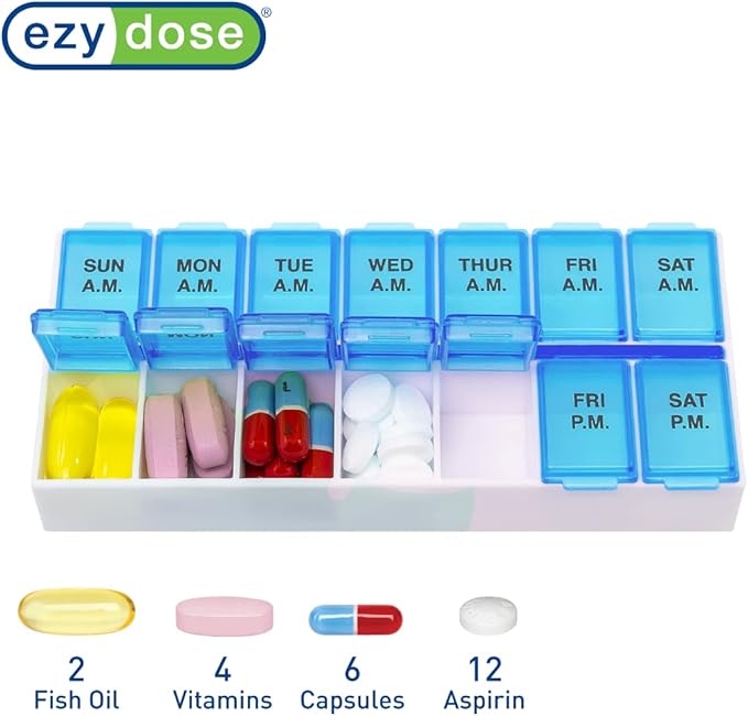 Ezy Dose Weekly (7-Day) AM/PM Pill Organizer, Vitamin Case, and Medicine Box, Medium Compartments, 2 Times a Day, Blue (Pack of 2)
