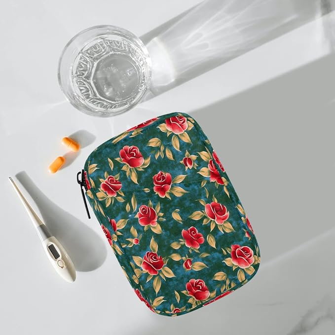 Floral Retro Flower Pill Case Everyday Travel, 7 Day Weekly Medicine Pill Box Compact Portable Pills Bottle Organizer with Zipper for Daily Vitamin Medicine Holder Bottle Organizers Bag