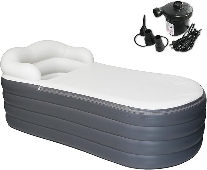 B&Y Portable Adult Soaking Bathtub, Ice Bath Tub Family Home Spa Tub with Zipper Cover, Designed with Headrest, Cup Holder (Air Pump Included) (Rectangular-168x76x68cm (without Machine))