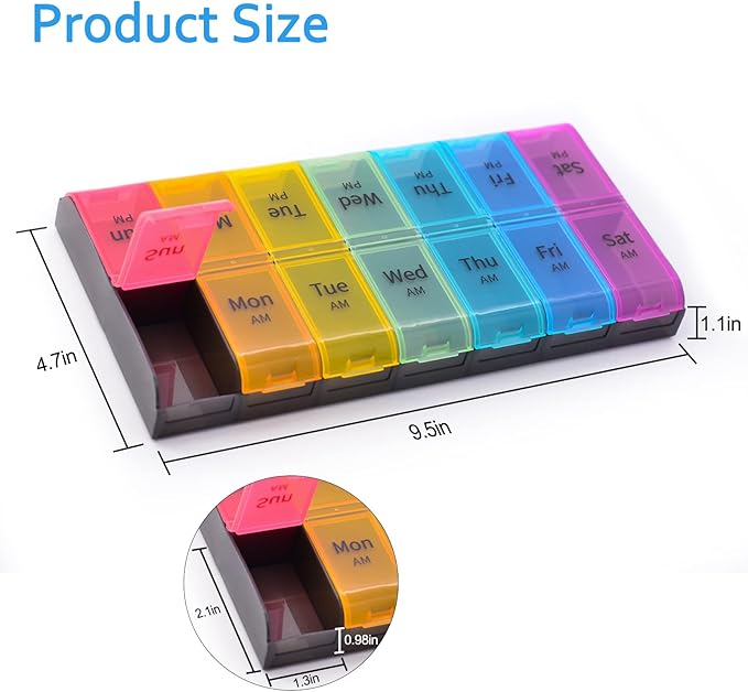 GREENCYCLE Extra Large Weekly Pill Organizer 2 Times A Day,7 Day Pill Box AM PM Medicine Planner Dispenser Case with XXL Compartment Home Pill Container for Vitamins Fish Oil Supplements (Rainbow)