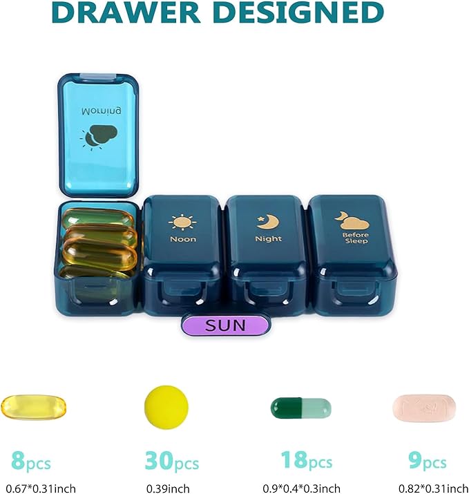 Weekly Pill Organizer 7 Day 4 Times a Day， Large Pill Box Organizer with Drawer Designed， Daily Pill Organizer to Hold Medicine, Medication, Vitamins and Fish Oils (Blue)