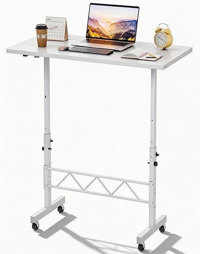 GTPLAYER Small Standing Desk Adjustable Height, 30.7"-46.4" Portable Computer Table Mobile Desk Workstation Stand Up Desk with Wheels Compact Rolling Table for Home Work Treadmill Walking Pad White