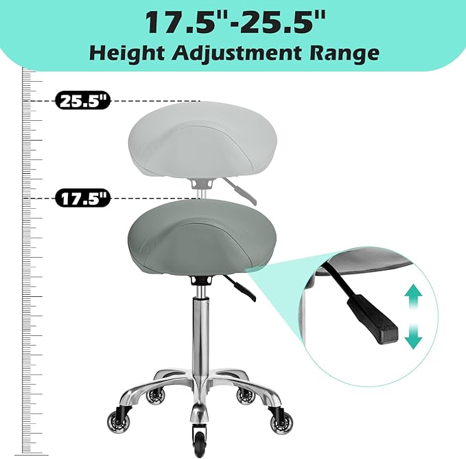 Saddle Stool with wheels Ergonomic - Heavy Duty 400lbs, Upgraded Thick Saddle Cushion, Healthy Posture Correction, Swivel Adjustable Rolling Saddle Stool, Saddle Chair for Salon Massage Home (Gray)