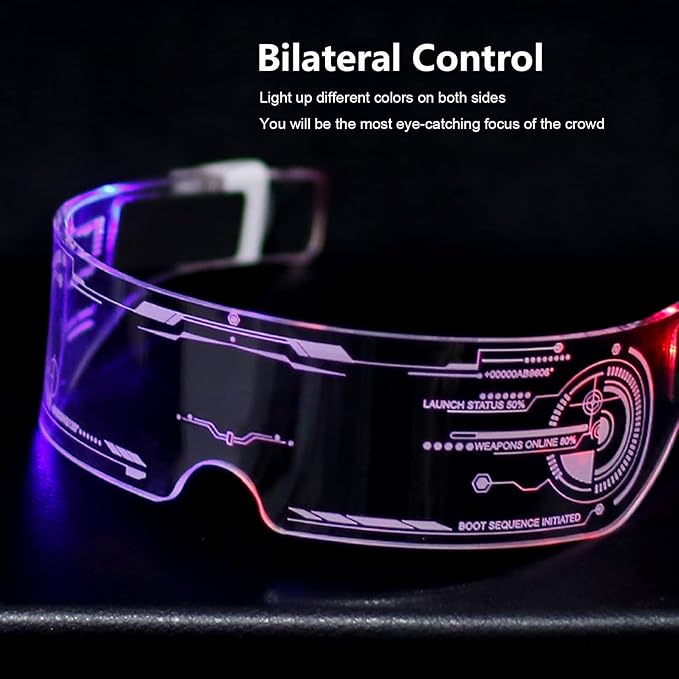 Fency Cyberpunk Glasses, USB Rechargeable LED Glasses whit Bilaterally Controllable, 7 Colors Changing Flashing