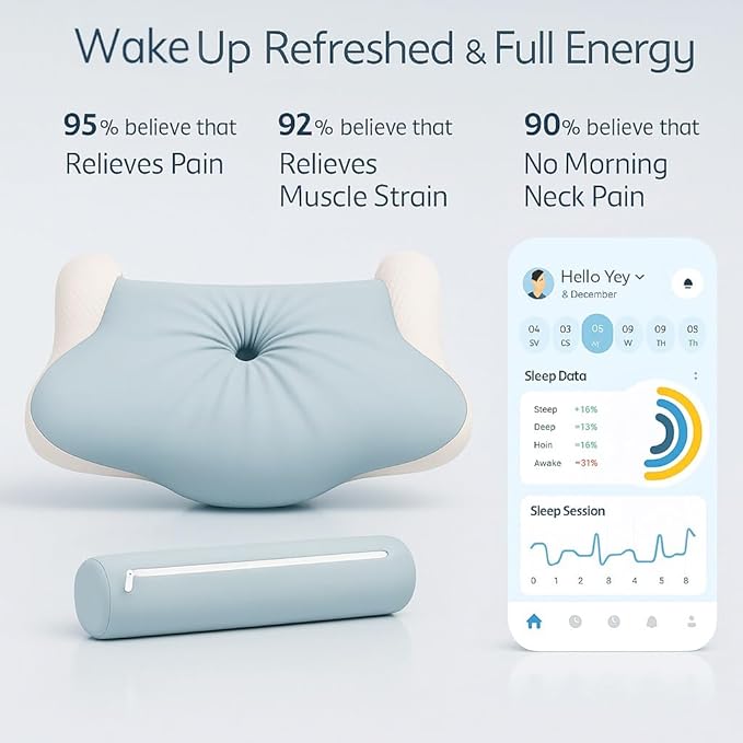 Cervical Pillow for Neck Pain & Side Sleepers Patented Ergonomic Memory Foam Pillow – Adjustable Height for Back & Side Sleeping, Anti-Snoring (Blue+White, 130-175 lbs)