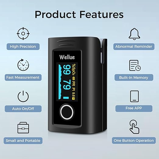 Wellue Bluetooth Pulse Oximeter Fingertip, Blood Oxygen Saturation Monitor with Free APP, Batteries, Carry Bag & Lanyard