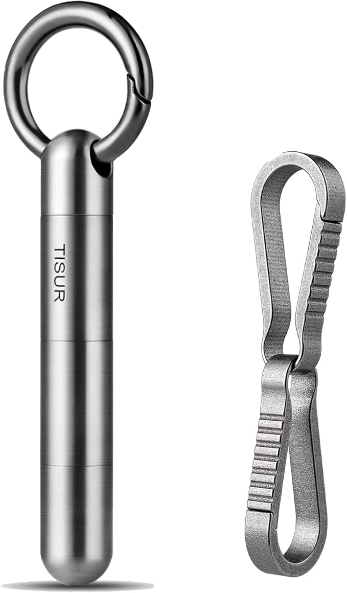 TISUR Titanium Pill Case Keychain Pill Holder+Titanium Key Chain Clip Hook