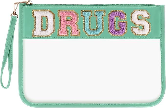 Chenille Letter Clear Bag DRUGS Purse, Monogram PVC & PU Meds Travel Bag Zipper Pouch with Wristlet, Waterproof Portable Glitter Preppy Cosmetic Pouch Toiletry Bag for Women Girls (DRUGS-Green)