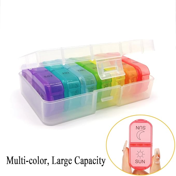 Travel Pill Organizer 7-Day for Purse Pocket, Daily Medicine Case Box with 14 Compartment Weekly Meds Container Reminder Planner AM PM Hold Medicine, Vitamin, Supplement, Fish Oil, Colorful