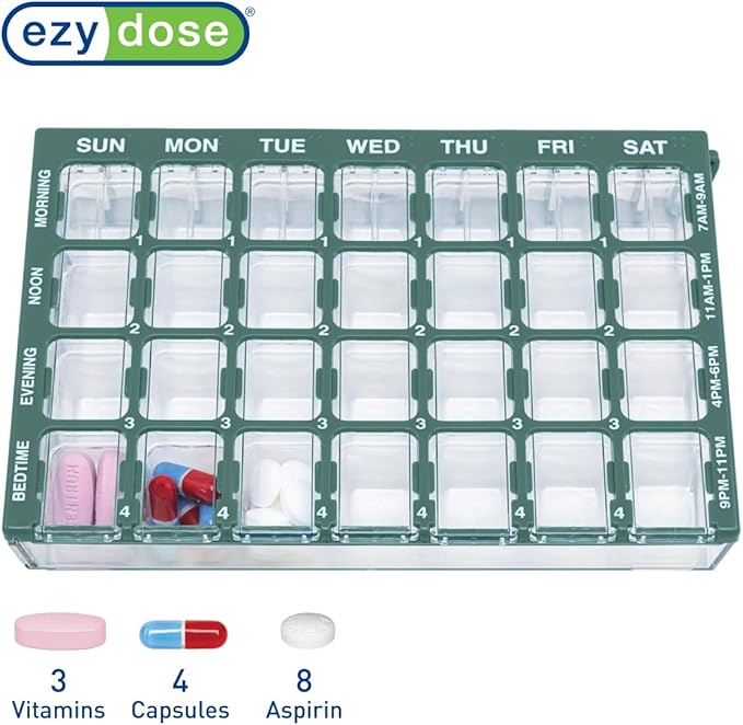 EZY DOSE Weekly AM/PM (7-Day) Daily Pharmadose Pill Planner, Medicine Case, Vitamin and Supplement Organizer, Small Easy Fill Compartments, 4 Times a Day, 28 Compartments, Green, BPA Free