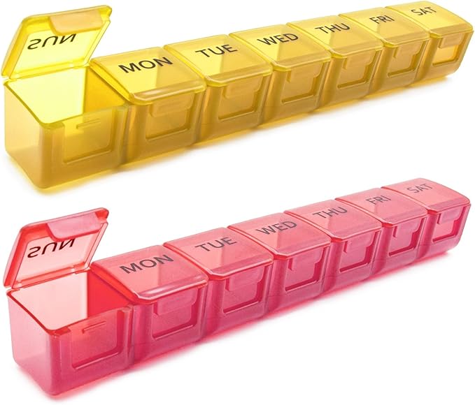 2 Pack Weekly Pill Organizer, Large 7 Day Pill Case, Daily Vitamin Case Medicine Box, AM/PM Pill Containers for Medicine Supplements Fish Oil (Orange & Red)