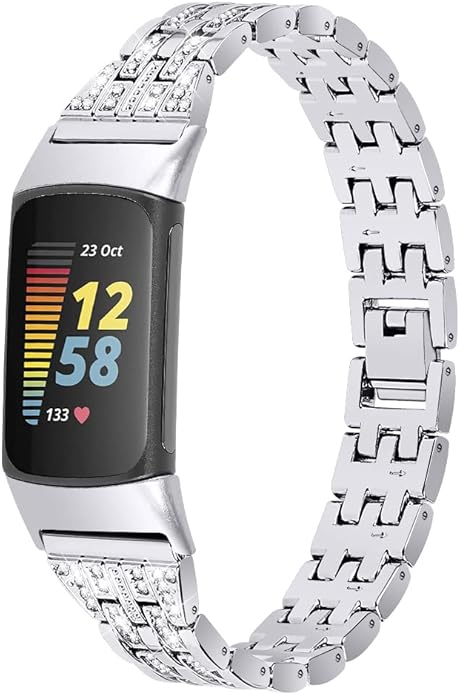 Chic Cute Bling Bands Compatible with Fitbit Charge 6/Charge 5 Fitness & Health Tracker,Rhinestone Dressy Bracelet Stainless Steel Metal Replacement Strap Wristbands Jewelry Strap Women(Silver)