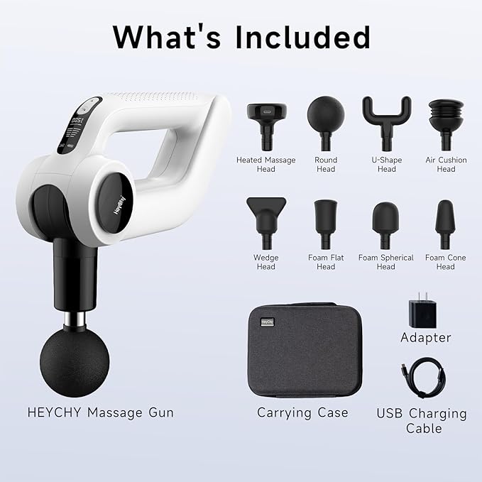 Massage Gun with Heat - Deep Tissue Percussion Massager for Pain Relief, 12mm Amplitude, 5 Speeds & 8 Attachments, Ideal for Muscle Recovery, Back Shoulder Leg - Gift for Athletes, Men, Women (White)