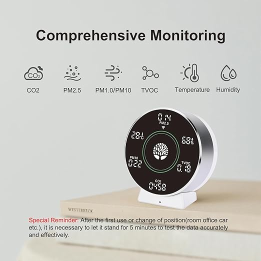 8-in-1 IAQ SensorsWireless, Air Quality Monitor Indoor,CO2 TVOC Temperature Humidity PM2.5 etc.LED Screen Battery Powered,App for Configure Data History,2.4Ghz WiFi Portable Meters for Travel
