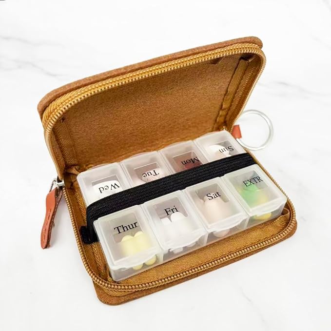 Pill Case for Vitamin and Supplement Organizer, EFFIET 7-Day Portable Cute Little Pill Box with Fabric Cover (Brown)