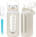 64oz Glass Water Bolttles with Straw Half Gallon Large Motivational Water Bottle with Time Marker Sports Water Bottles with Silicone Sleeve and Handle Lid Water Jug for Gym Workout