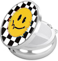 Smiley Face Pill Case, Black White Grid Pill Box 3 Compartments Metal Small Pill Holder with Mirror Mini Travel Pill Container for Purse Pocket Women Men