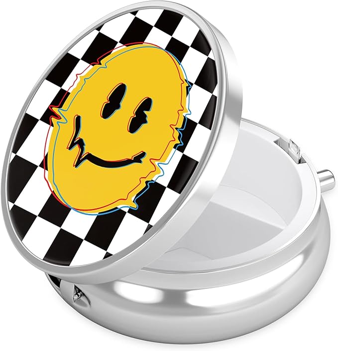 Smiley Face Pill Case, Black White Grid Pill Box 3 Compartments Metal Small Pill Holder with Mirror Mini Travel Pill Container for Purse Pocket Women Men