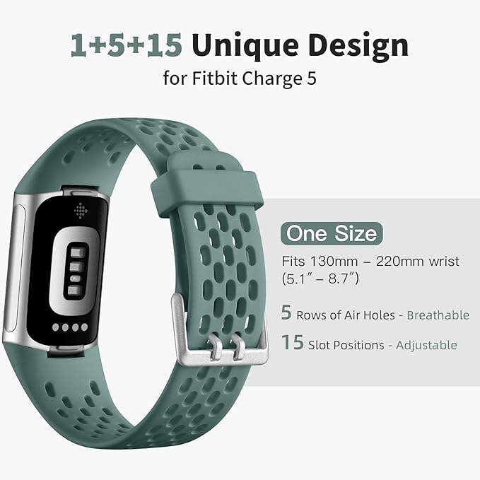 Getino Compatible with Fitbit Charge 5 Bands/Charge 6 Bands Women Men, Soft Breathable Replacement Sport Strap Adjustable Wristbands for Fitbit Charge 5/ Charge 6 Advanced Fitness Tracker, Pine Green