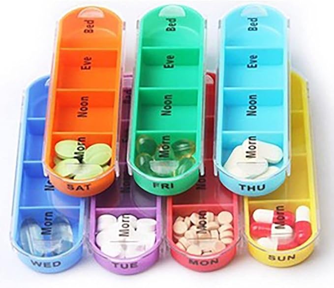 gofidin Weekly Pill Organizer, 1 Dispenser, 7 Stackable Compartments Four Times-a-Day - Morning, Noon, Evening, and Bedtime