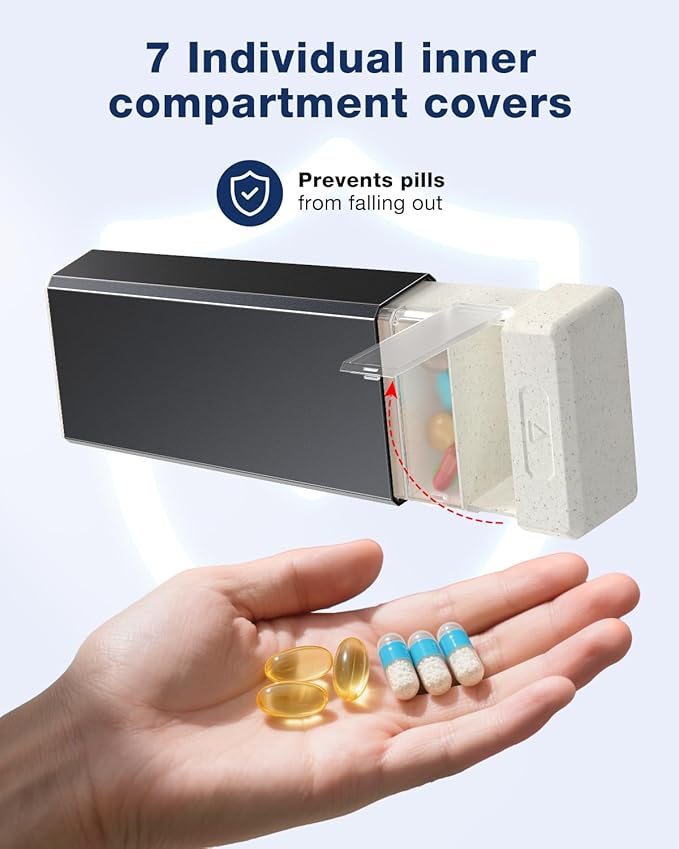 HEIYING Pill Organizer with Aluminum Shell for One Week Capacity, Portable 7 Compartments Pill Box Container to Hold Vitamin, Medicine, Supplements
