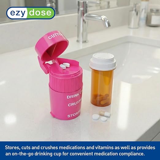EZY DOSE 3 Compartment Pill Crusher, Cutter and Grinder, Daily Usage, Safely Cut Pills, Vitamins, Tablets, Accurate and Easy Cutting, Stainless Steel Blade, Removable Drinking Cup, Pink, BPA Free