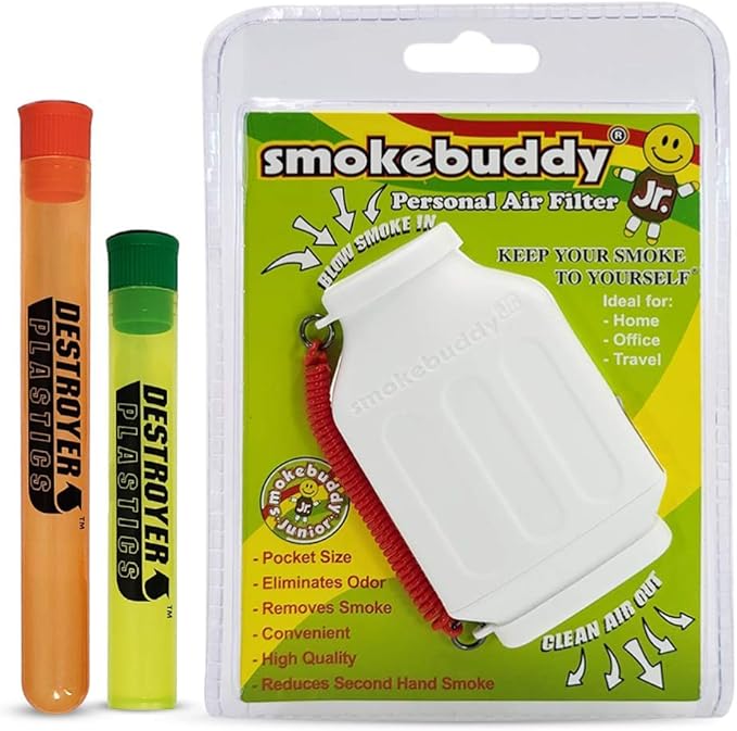 100% Authentic Smoke Buddy Bundled with Two Exclusive Destroyer Plastics Odor Proof Tubes One Large One Small (Smoke Buddy Junior, White)