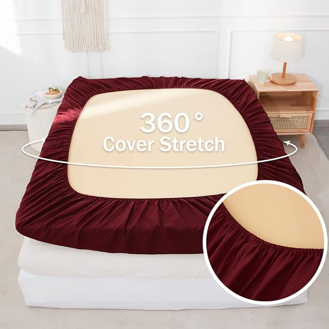 Simple&Opulence Belgian Linen Sheet Set Solid Color - 4 Pieces (1 Flat Sheet, 1 Fitted Sheet & 2 Pillowcases) Natural Flax Cotton Blend Soft Breathable Farmhouse Bedding - Queen Size, Burgundy Red