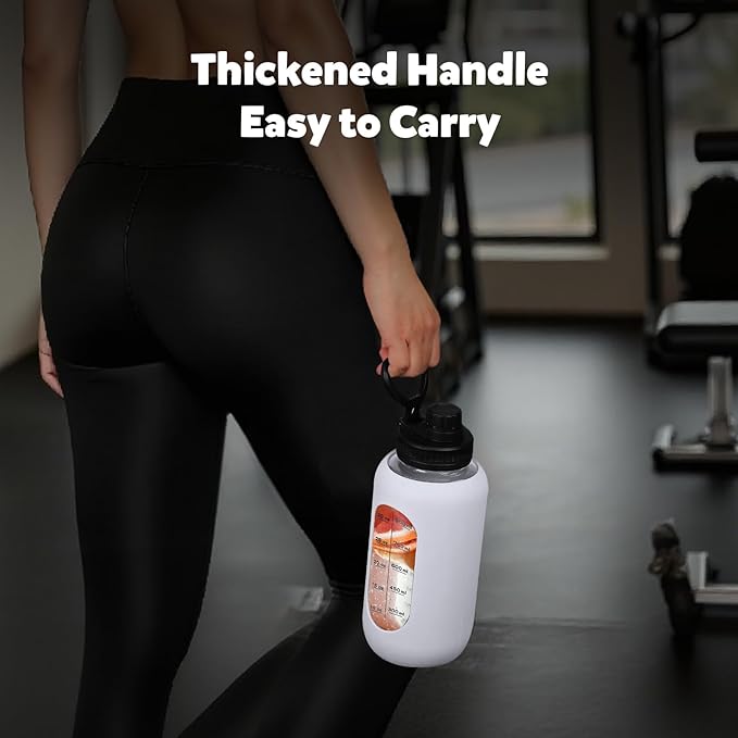 40oz Glass Water Bottle with Handle Lid Time Marker Motivational Sport Water Jug with Silicone Sleeve Water Flask Canteen Wide Mouth Water Bottle for Gym Workout Travel Office Home Everyday Hydration