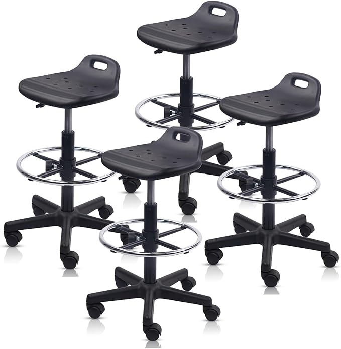 Round Rolling Drafting Stool with Foot Rest, Height Adjustable Swivel Multi-Purpose Office Desk Chair with Breathable Seat Cushion Stools for Home Bar Kitchen Salon Spa Medical, Black 4PK