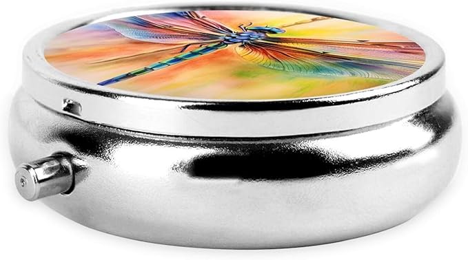 Hand Draw Retro Dragonfly Pill Box 3 Compartment Pill Case, Portable Medicine Pill Organizer for Pocket Purse Pill Box Decorative Metal Medicine Vitamin Organizer
