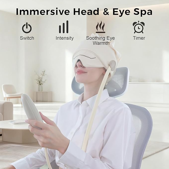 Head Massager for Headaches, Eye Massager with Heat, Electric Rechargeable Head and Eye Massage Tool for Stress Relief, 4 Massage Modes & 6 Zone Kneading, Ideal Gift for Rest & Relaxation