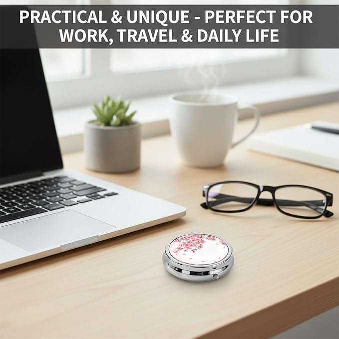 Round Pill Case Small Pill Box with Mirror Pocket 3 Compartment Vitamin Pill Medicine Case Organizer Pill Containers for Traveling Cherry Blossom