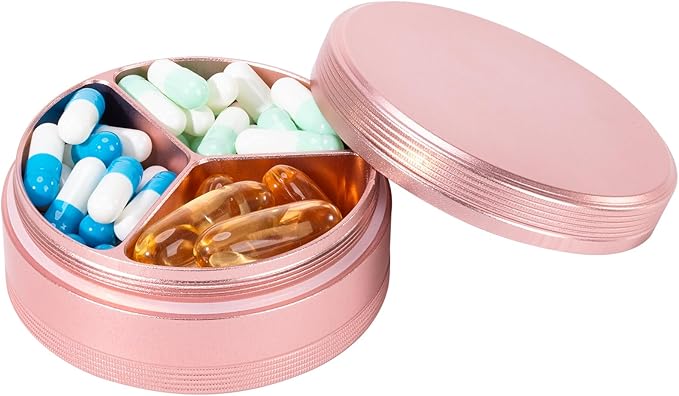 Metal Travel Pill Box 3 Compartment - Small Waterproof Pill Container Portable Daily Pill Case Pink Pocket Purse Medicine Organizer Holder for Medication Vitamins Fish Oils