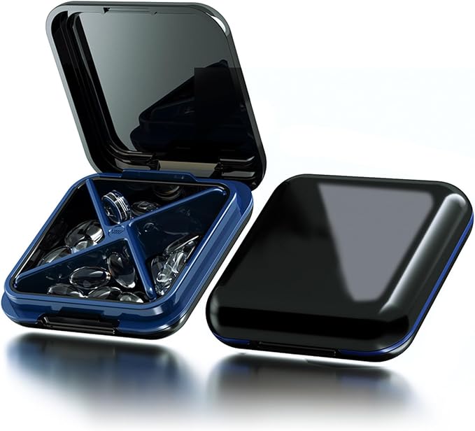 Small Pill Box Waterproof Travel Pill Case Portable Daily Pill Container Pill Holder for Purse 4 Compartments Pocket Compact Medicine Organizer for Vitamin,Fish Oils,Supplements,Medication