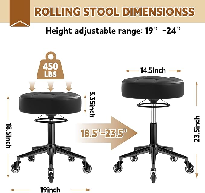 Gold Rolling Stool Heavy Duty - 360°Height Adjustable, Super Soft Thick Seat Cushion, Smooth Silent Rolling, Durable Rolling Stool Chair with Wheels for Salon Vanity Massage Medical, 450LBS (Black 1)