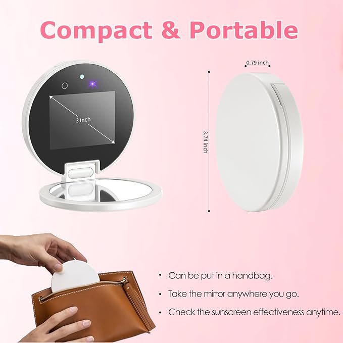 UV Camera for Sunscreen Test UV Mirror Sunscreen Camera, 3.8 Inch Rechargeable 2X Magnifying Vanity Mirror with Light Handheld Double-Sided Pocket Mirror for Skin Protection(White)