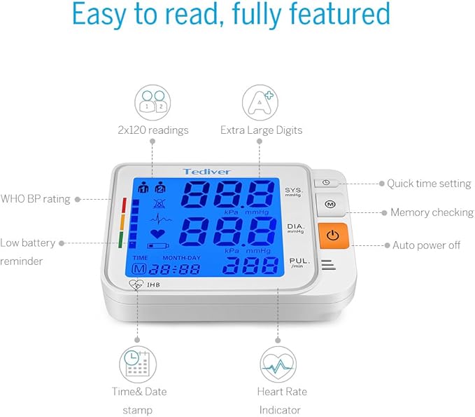 Digital Blood Pressure Monitor, Large Cuff 0.7-1.3 Feet, Electric Upper Arm Blood Pressure Machine with Electric Powered Charger and Device Case, Backlight LCD Screen, 2 Year Warranty