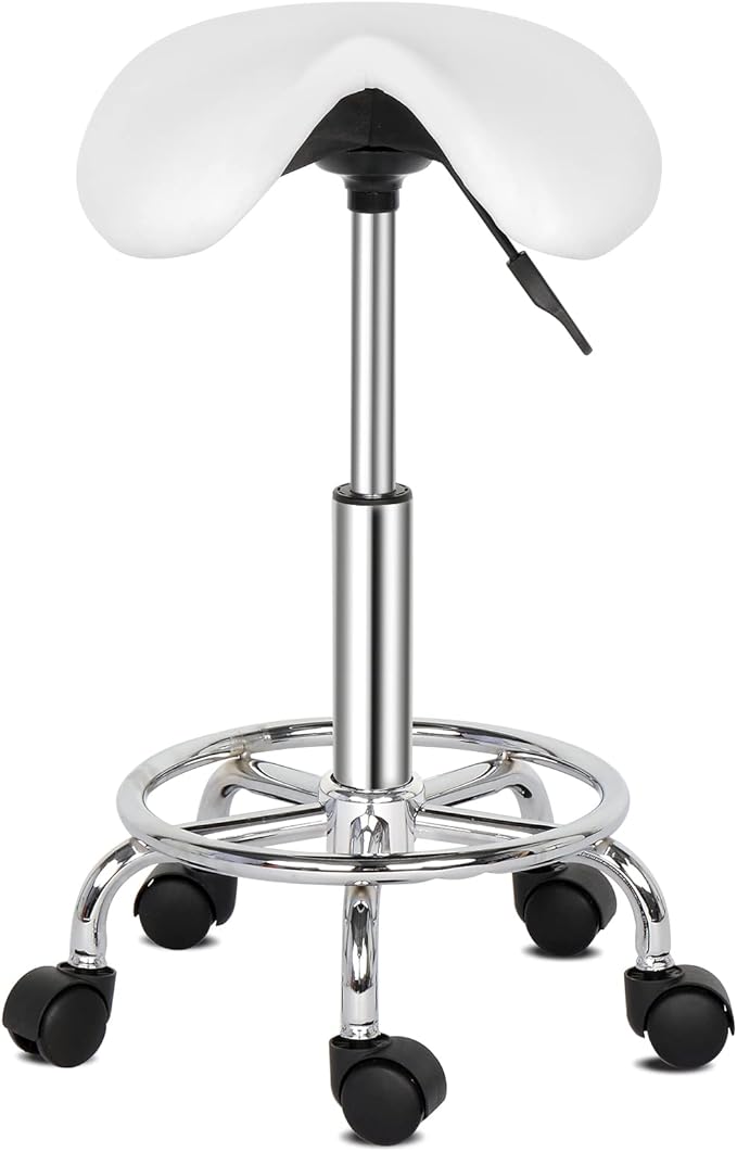 Round Rolling Bar Stool PU Leather with Wheels and Foot Rest, Height Adjustable Task Work Chair for Salon Spa Office Chairs