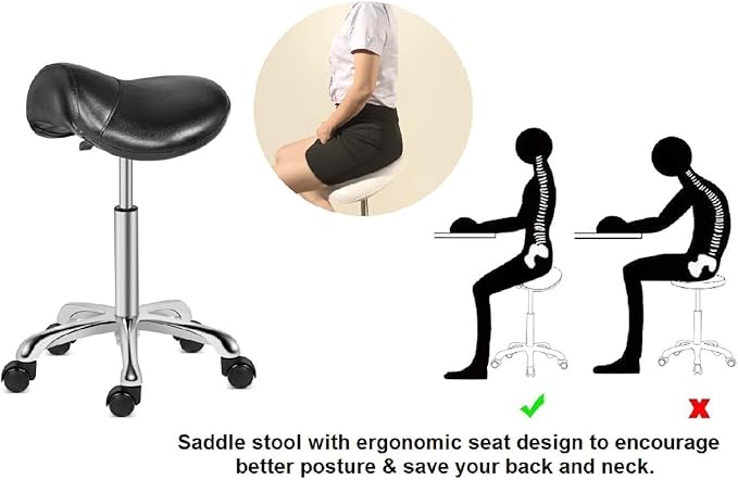 Kaleurrier Saddle Stool Rolling Swivel Height Adjustable with Wheels,Heavy Duty Stool,Ergonomic Stool Chair for Lab,Clinic,Dentist,Salon,Massage,Office and Home Kitchen (Black, Without Back)