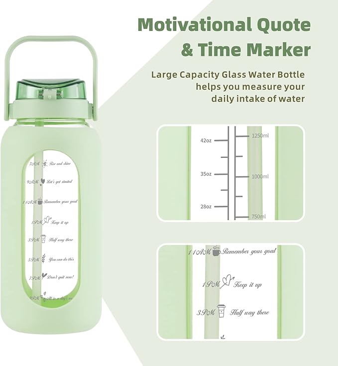 Glass Water Bottle with Straw and Handle Lid Half Gallon Motivational Glass Bottle with Silicone Sleeve and Time Marker Large Reusable Sports Water Jug for Gym Home Workout