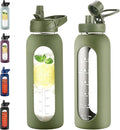 40 oz Glass Water Bottle With Straw and Handle, Sports Motivational Water Jug Flask with Silicone Sleeve, Large Water Cup with Time Marker for Travel, Gym, Army Green
