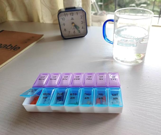 Weekly (14-Day) AM/PM Pill Organizer, 2 Times a Day Pill Case and Planner, Portable Vitamin Containers, Medicine Pill Box(Blue-Purple)